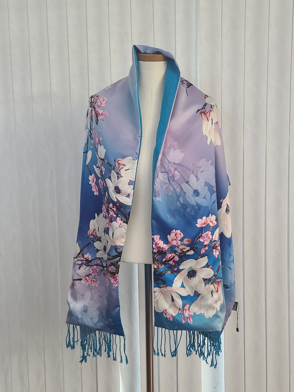 Womens 100% Silk Floral Satin Shawl Wrap Scarf Fringe Blue Purple Pink Floral